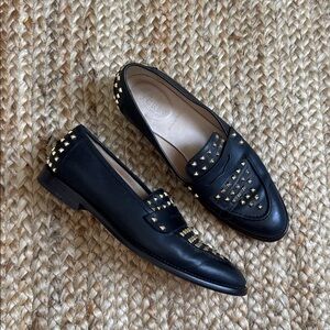 J.Crew Collection 7 Black Leather Studded Gold Penny Loafer Shoes Academy